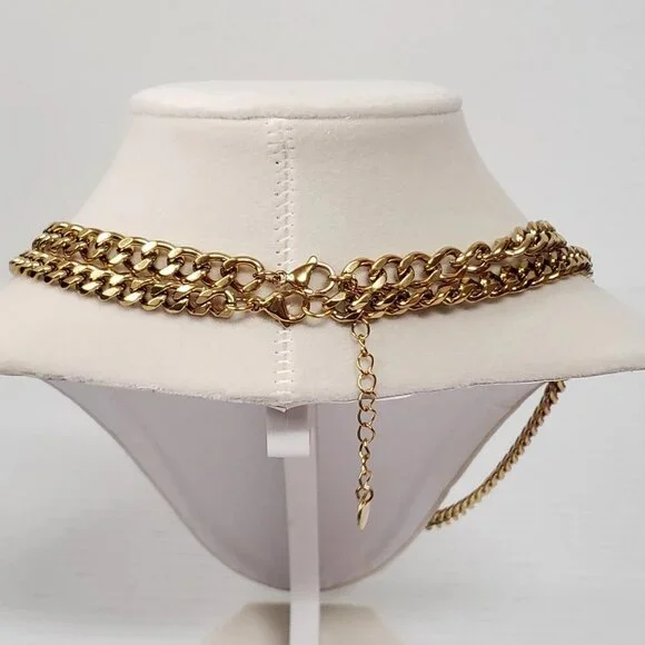 Auth Louis Vuitton Lock&Key Gold w/Unbranded Cuban Style Stainless Double Chain - Picture 3 of 14